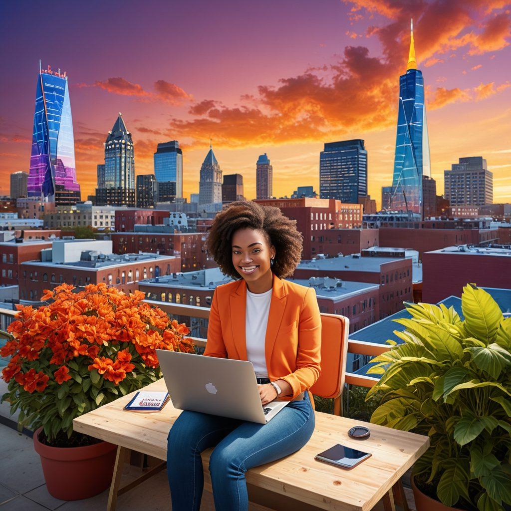 A dynamic scene featuring a confident job seeker with a laptop open, surrounded by a colorful array of essential resources such as resumes, networking tools, and career guides, set against the backdrop of Gaylord's skyline. The foreground should include symbols of empowerment like a rising sun and diverse people networking. Bright and engaging colors to inspire optimism and action. super-realistic. vibrant colors. 3D.