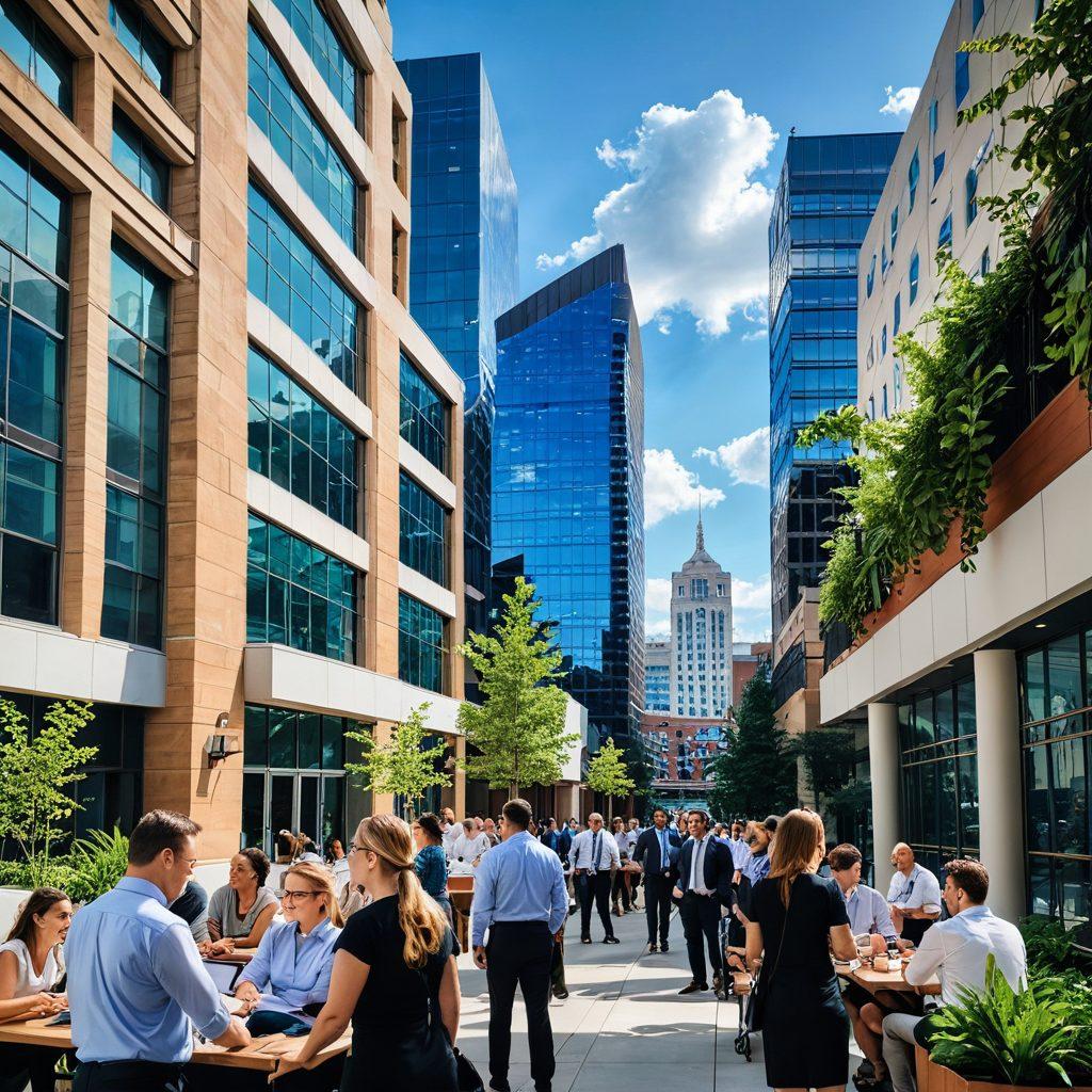 A vibrant cityscape of Gaylord, featuring diverse professionals engaged in various career activities like networking, mentoring, and creative brainstorming. Include symbols of growth, like plants or arrows, and visual elements representing different industries such as technology, arts, and healthcare. The sky should be bright and hopeful, symbolizing future opportunities. super-realistic. vibrant colors.