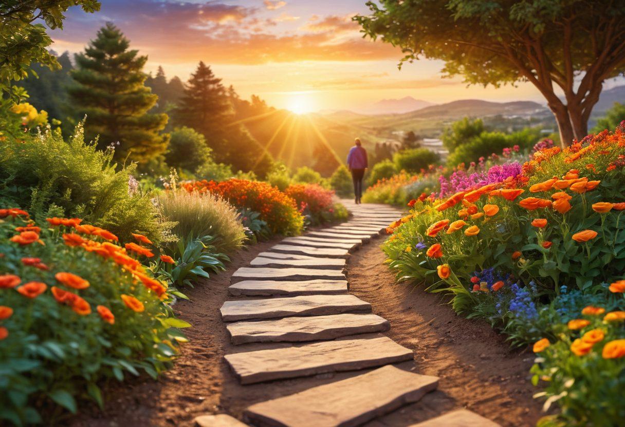 A scenic pathway winding through a lush green landscape, dotted with vibrant flowers symbolizing growth and opportunity. Along the path, diverse professionals are engaging in collaborative discussions, reviewing colorful charts, and sharing ideas, representing teamwork in professional development. In the background, a bright sunrise signifies new beginnings and success. super-realistic. vibrant colors. soft-focus background.